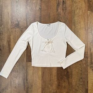 Fashion Nova Cream Lace-Up Long Sleeve Cropped Rib Knit Top Size Large